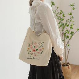Flower Small Fresh Student Tote One Shoulder Canvas Bag Large Capacity Reusable Grocery Bag Suitable for Shopping Beach