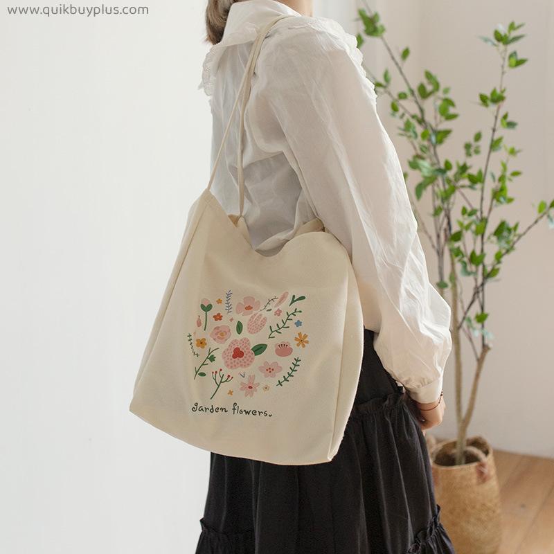 Flower Small Fresh Student Tote One Shoulder Canvas Bag Large Capacity Reusable Grocery Bag Suitable for Shopping Beach