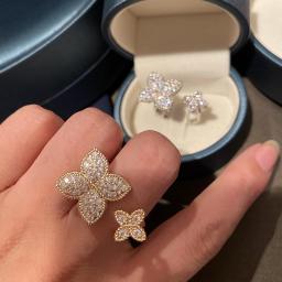 Four Leaf Clover Silver Color Luxury Women's Rings Opening Adjustable Ring for Women Exquisite Double Flowers Clover Jewelry
