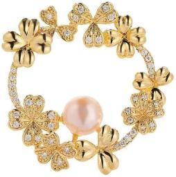 Four-Leaf Clover Wreath Copper Zircon Fashion Brooch Pin Accessories Natural Pearl Corsage Semi-Finished Product Empty Holder