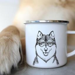 Funny Glasses Dog Print Coffee Mugs Sketch Bulldog Creative Enamel Cups Drink Juice Cocoa Cup Bonfire Picnic Wine Cola Water Mug