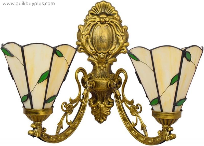GAUUA Corridor Wall Light Tiffany Double Head Wall Lamp Willow Leaves Stained Glass Lampshade for Balcony Porch Retro Wall Light
