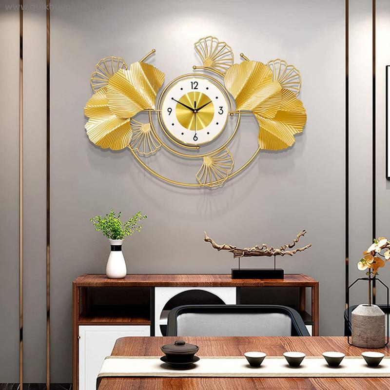 GUYTGAI Metal Large Wall Clocks,3D Metal Wall Art Ginkgo Leaf Design Silent Non Ticking Sunburst Quartz Clock,Creativity Bedroom Office Corridor Wall Watches for Living Room Bedroom