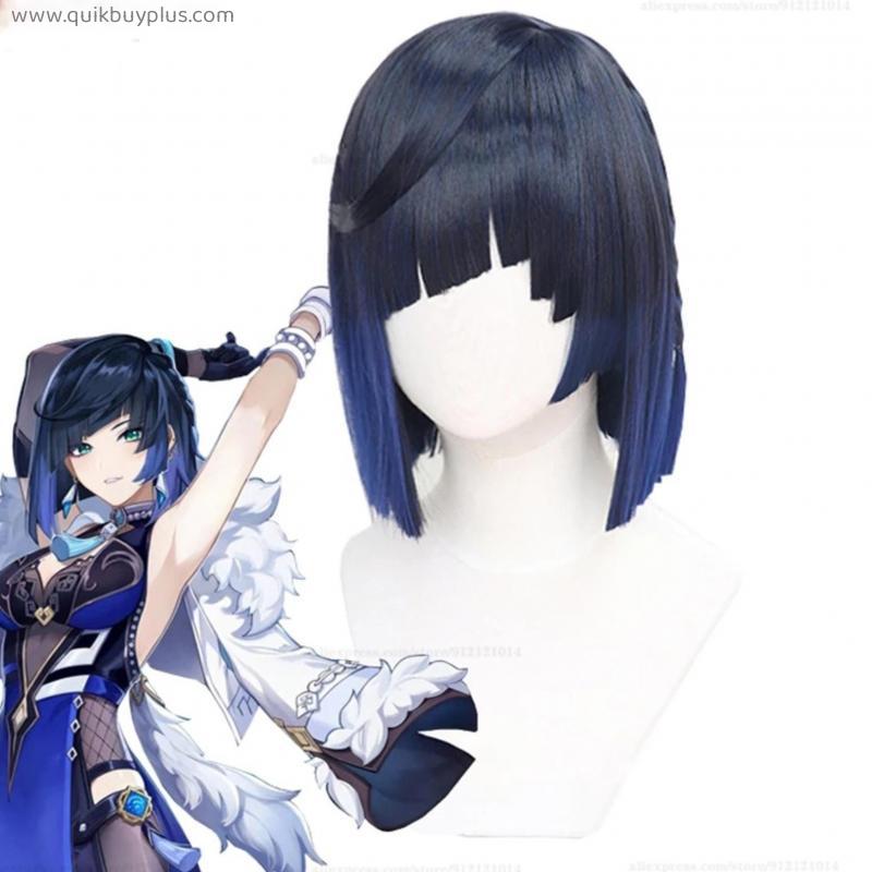 Game Genshin Impact Yelan Wig Gradient Dark Blue Short Cosplay Wigs With Braids Heat Resistant Hair Wigs