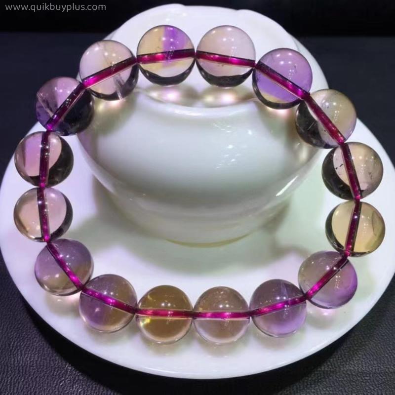 Genuine Natural Purple Yellow Ametrine Quartz Bracelet 12.6mm Clear Round Beads Women Men Crystal Jewelry AAAAA