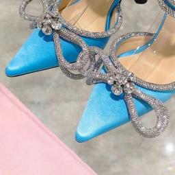 Glitter Rhinestones Women Pumps Crystal bowknot Satin Summer Lady Shoes Genuine leather High heels Party Prom Shoes
