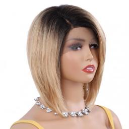 Golden Short Bob Straight Wigs - Human Hair Lace Front Wigs Beginner Brazilian Human Hair Bleached Knot Glueless Wig Caps for Women