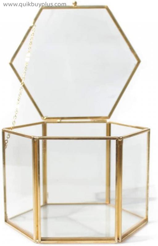 Golden clear glass jewelry box, vintage decorative jewelry organizer box with lid for wedding display stand, birthday gift, 14x14x9.5cm (6x6x4 inch)