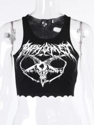 Gothic Knitted Punk Black Tank Tops Mall Goth Grunge Goat Print Harajuku Women Crop Tops Skinny Sleeveless Streetwear