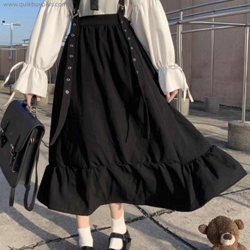 Gothic Lolita Long Skirt Women Harajuku Ruffle Strap Black Skirt High Waist Soft Girl Japanese Kawaii Streetwear Summer