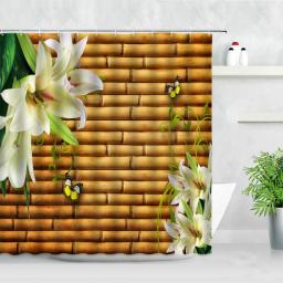 Green Plant Bamboo Shower Curtain White Flowers Leaves Scenery Simple Home Decor Waterproof Fabric Bathroom Curtains With Hooks