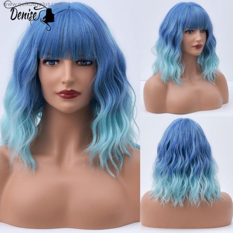 Green Short Body Wave Synthetic Bob Wig For White Women With Bangs Cosplay Lolita Natural Hair Wigs Perruque Pelucas De Mujer