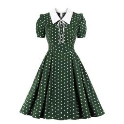 Green Vintage Retro 50s 60s Women Dress Polka Dots Printed Short Sleeve Turn Down Collar Rockabilly A Line Party Jurken