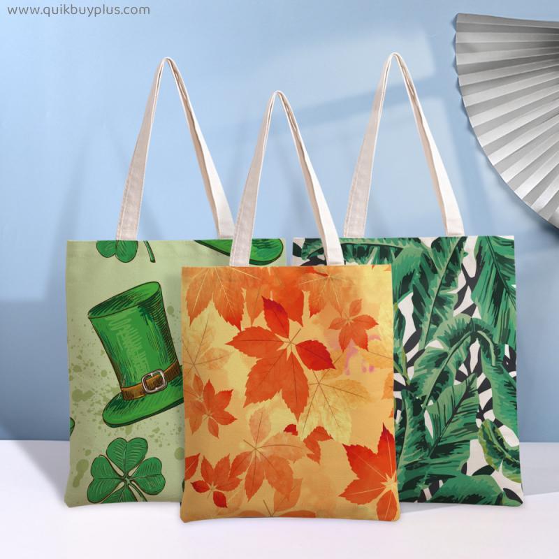 Green plant flower print handbag zipper canvas bag bag women's shoulder bag with hand gift bag cloth bag
