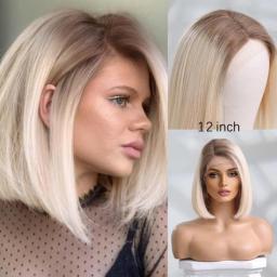 HAIRCUBE Ombre Brown Platinum Blonde Bob Human Hair Lace Front Wig Side Part Medium Long Lob Straight Remy Hair Wigs For Women