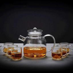 HJW Useful Kettle Glass Teapot Heat-Resistant Glass Thickened Filter Kettle Heat Tea Glass Tea Set Teapot (Teapot + 6 Cups) Tea Cup
