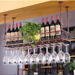 HLY Shelving, Vintage Style Iron Hanging Wine Glass Holder, Floating Wine Racks Ceiling-Type Wine Bottle Holder Hanging Goblet Stemware Racks Home Decor,Retro Bronze/100 * 25cm