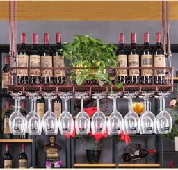 HLY Shelving, Wine Rack Ceiling Wine Bottle Holder With Hanging Stemware Racks | Bar Restaurant Iron Decoration Shelves Champagne Glass Storage Display Shelf, Bronze)/60 * 25cm(24 * 10inch)
