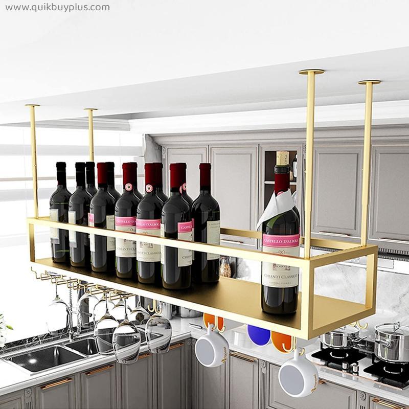 HLY Shelving, Wine Rack Wine Bottle Racks Ceiling Hanging Decorative Champagne Glass Goblets Stemware Rack Holder Metal Wall-Mounted Storage Shelf for Bar Restaurant Kitchen/120 * 25 * 21cm