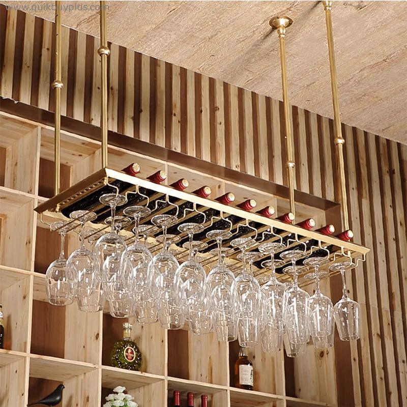HLY Shelving, Wine Racks Ceiling-Type Wine Bottle Holder, Hanging Wine Glass Racks Goblet Stemware Shelf Wine Storage Display Racks Adjustable Height, Gold/140 * 35cm