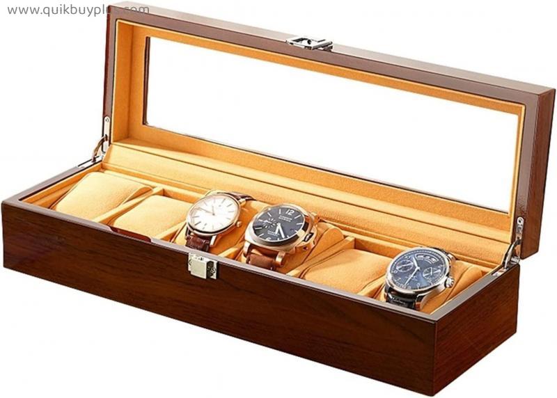 HONGFEISHANGMAO Watch Organizer 6 Slots Watch Box Brown Organizer Case Glass Window Jewelry Watches Storage Box Gift Boxes