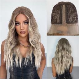 Hair Replacement Wigs Synthetic T Part Lace Wigs Middle Part Long Water Wave Hair Wigs Transparent Lace Heat Resistant Ombre Blonde Wig (Color : A)