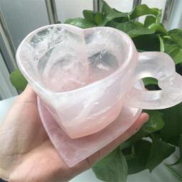 Hand Carved Heart Shape Rose Quartz Cup Natural High Quality Healing Crystal  Tea Set For Gift HML