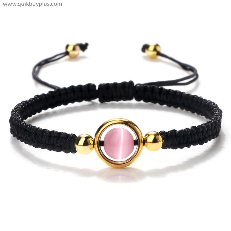Handmade Braided Rope Bracelet Silver Color Lucky Knotted Pink Cat Eye Stone Bracelets Adjustable Bangles Charm Couple Jewelry