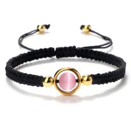 Handmade Braided Rope Bracelet Silver Color Lucky Knotted Pink Cat Eye Stone Bracelets Adjustable Bangles Charm Couple Jewelry