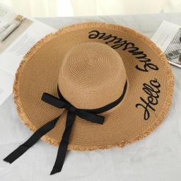 Handmade Weave Letter Sun Hats for Women Black Ribbon Lace Up Large Brim Straw Hat Outdoor Beach Hat Summer Caps