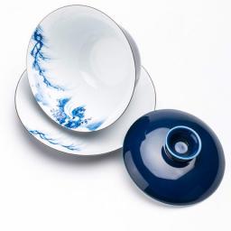 Handpainted Big Bowl Gaiwan Blue Lotus Tea Tureen Jingdezhen Puer Kettle Tea Accessories