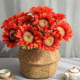Hawesome Vintage Sunflowers Artificial Flowers 7 Pcs Faux Silk Sunflowers Bouquet Fake Real Touch Long Stems Floral for Wedding Party Centerpieces Home Decoration(Autumn Red)