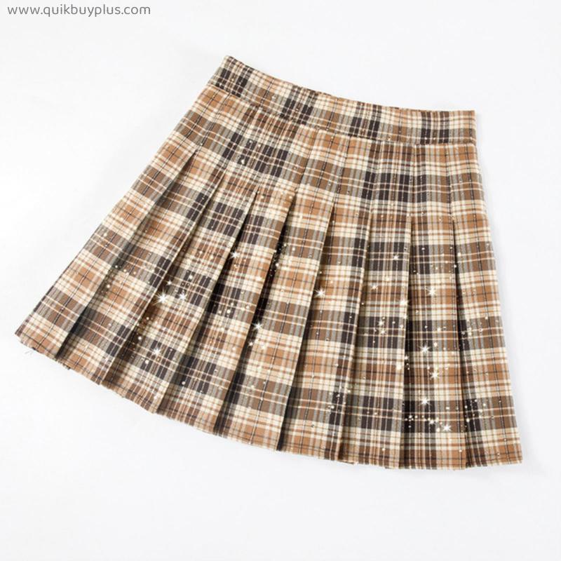 Helisopus Plaid Summer Women Skirt JK College Sequined Check Skirt A-line Zipper Pleated Skirt 3XL Dance Mini Skirt