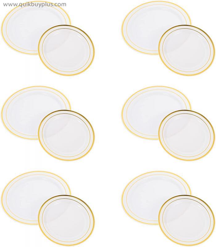 Hemoton 12Pcs Gold Plastic Plates Round Dinner Plates Salad Plates Party Plates Fruits Holders Serving Dishes for Wedding Birthday 7inch 10inch Golden White