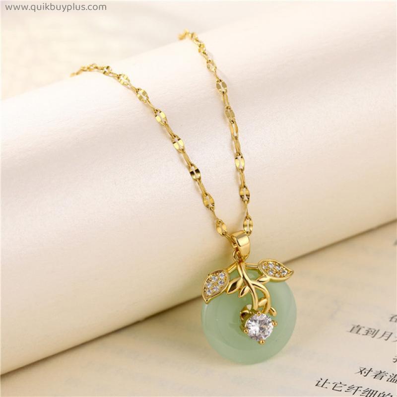 Hetian Jade Stone Safety Buckle Necklace for Women Titanium Steel Necklace Style Ancient Gold Cherry Clavicle Chain Pendant