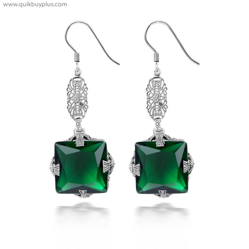 High Quality Women Earrings Silver 925 Emerald Stones Drop Hooks Long Earrings Gothic Wedding Fine Jewelry Girl's Gift
