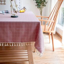 Home Dining Table Cloth Yellow Striped Plaid Tassel Hem Washable Cotton Linen Rectangle Tablecloth Wedding Party Decor