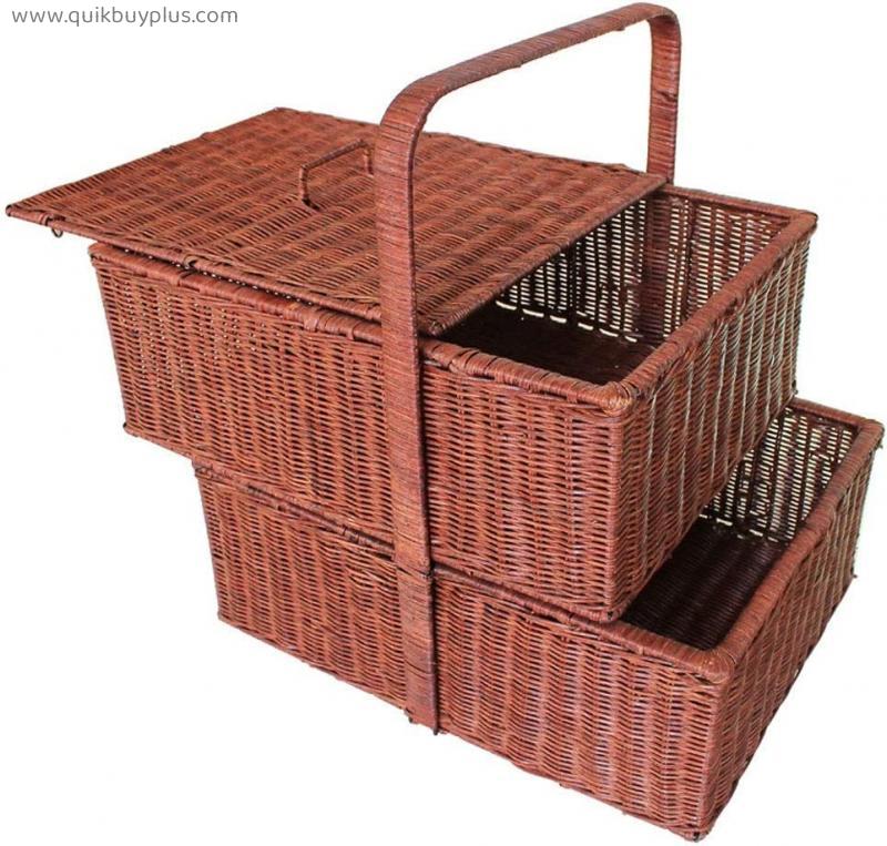 Home Garden Outdoors Picnic Baskets Bamboo and rattan double-layer storage outdoor picnic shopping basket home basket home willow rattan picnic basket Picnic Baskets Hampers (Color : Yellow)
