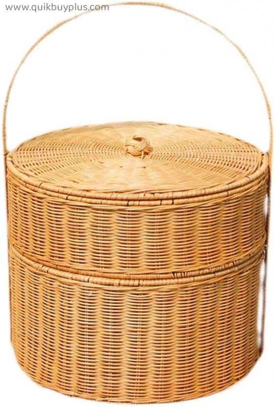 Home Garden Outdoors Picnic Baskets Outdoor Hand-woven Rattan Double-layered Round Picnic Baskets Portable Basket Outing Camping Shopping Storage Gift Baskets Boxes&Chests Picnic Baskets Hampers