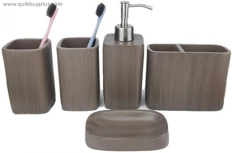 Home Lotion&Soap Dispensers Wood-like retro 5 piece bathroom set, toothbrush holder, soap dish Soap Dispensers Lotion Shower Dispenser (Color : Milky white)