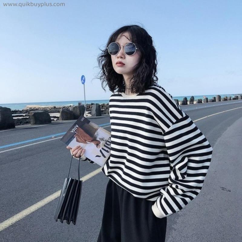 Hoodies Women Harajuku Gothic stripe cotton Hoodie Clothes 2022 Autumn long sleeve loose Kawaii Korean thin Sweatshirt Tops