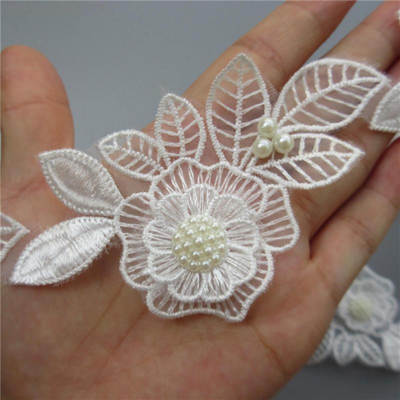 Hot 10x White Pearl Beaded Flower Leaf Embroidered Lace Trim Ribbon Fabric Handmade Sewing Craft For Costume Hat Decoration