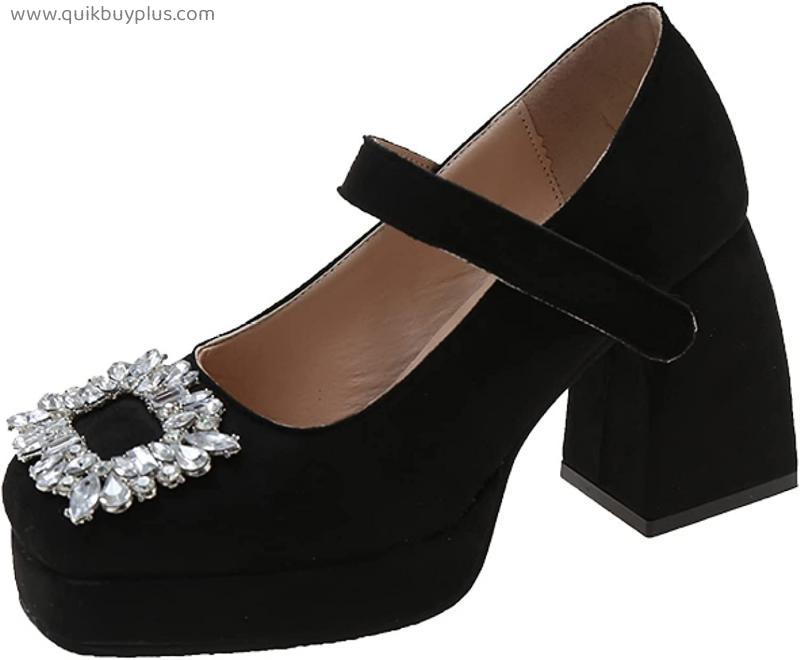 Hoxekle Mary Jane Shoes for Ladies Girls Rhinestone Square Toe High Heel Platform Pumps Dressy Buckled Dress Shoes