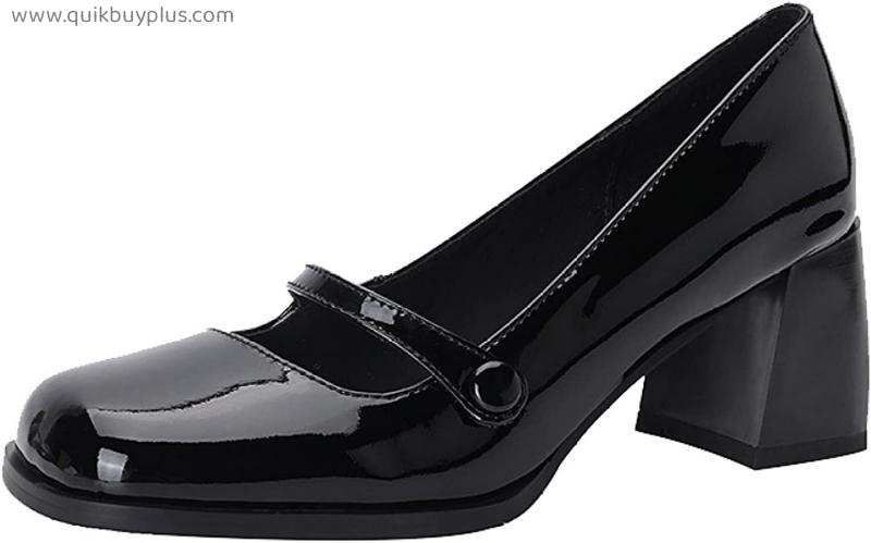 Hoxekle Trendy Slip On Mary Jane Shoes Comfort Patent Leather Mid Heeled Square Toe Party Chunky Pumps Shoes for Women
