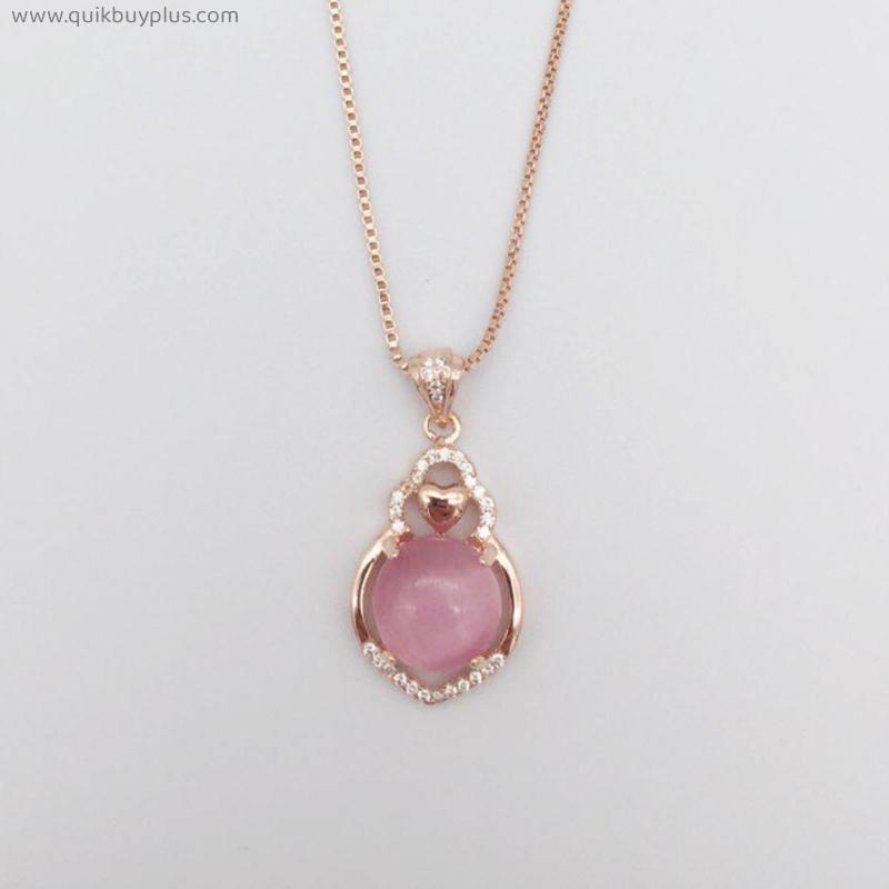 HuiSept 925 Silver Female Necklace Round Shaped Rose Quartz Zircon Gemstone Pendant Clavicle Chain Jewellery Wedding Party Gifts