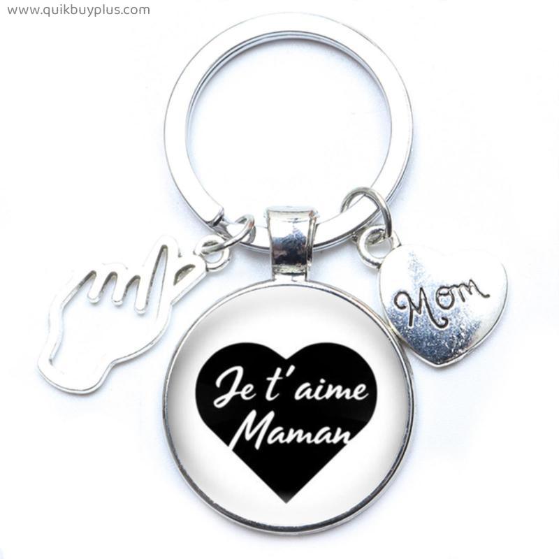 I Love Mom Heart Pendant Keychains Holder Round Je T'aime Maman Glass Cabochon Key Rings Key Chains Jewelry Mother's Day Gifts