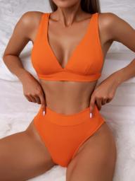 INGAGA Ribbed Bikini Women Swimsuit 2022 New High Waist Swimwear Sexy V-neck Biquini Set Solid Bathing Suits High Cut Beachwear