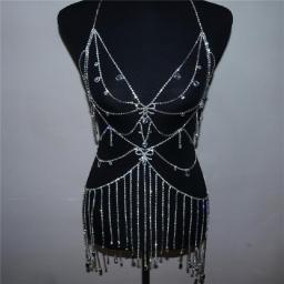 INS Gorgeous Rhinestone Multi-layer Long Tassel Dress Body Chain Harness Top Bra for Women Big Crystal Pendant Chest Jewelry