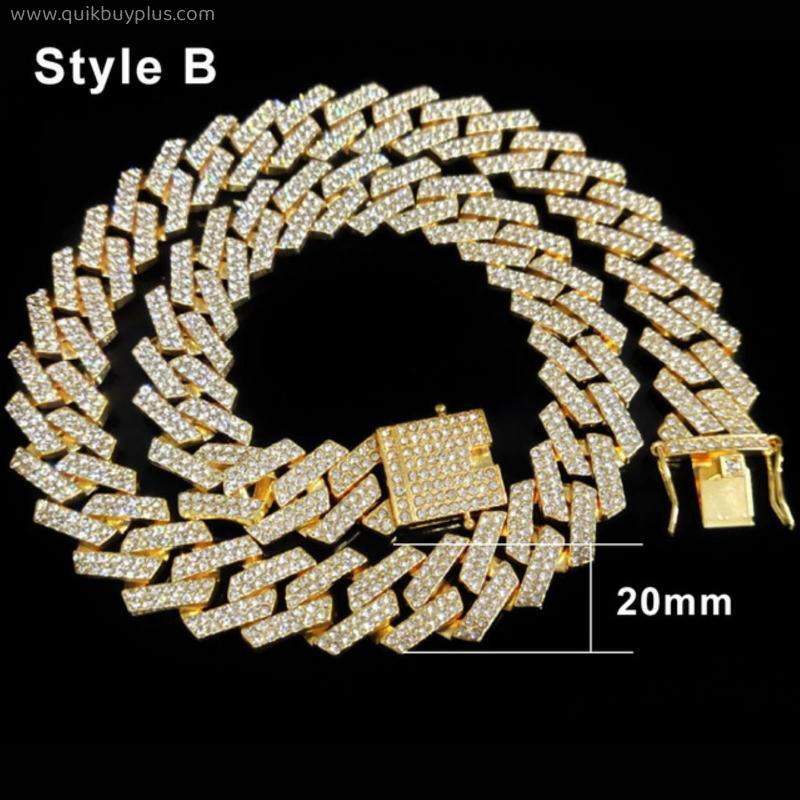 Iced Out Chain Bling Prong Miami Cuban Link Chains Necklaces Full Crystal Rhinestones Clasp Hip Hop Necklace Bracelet Mens