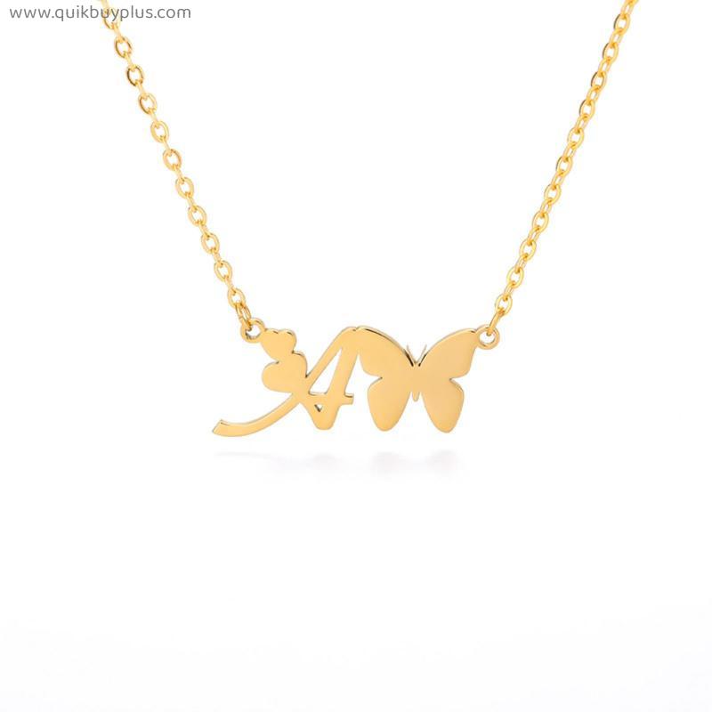 Initial Letter Name Pendant Necklace stainless steel Simple Cute gold Butterfly Necklace Alphabet 26 A-Z gold clavicle sweater chain Jewelry Gifts Accessories for Women Mum Girls